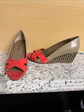 Anyi Lu Daphne wedge in papaya color way worn 2x